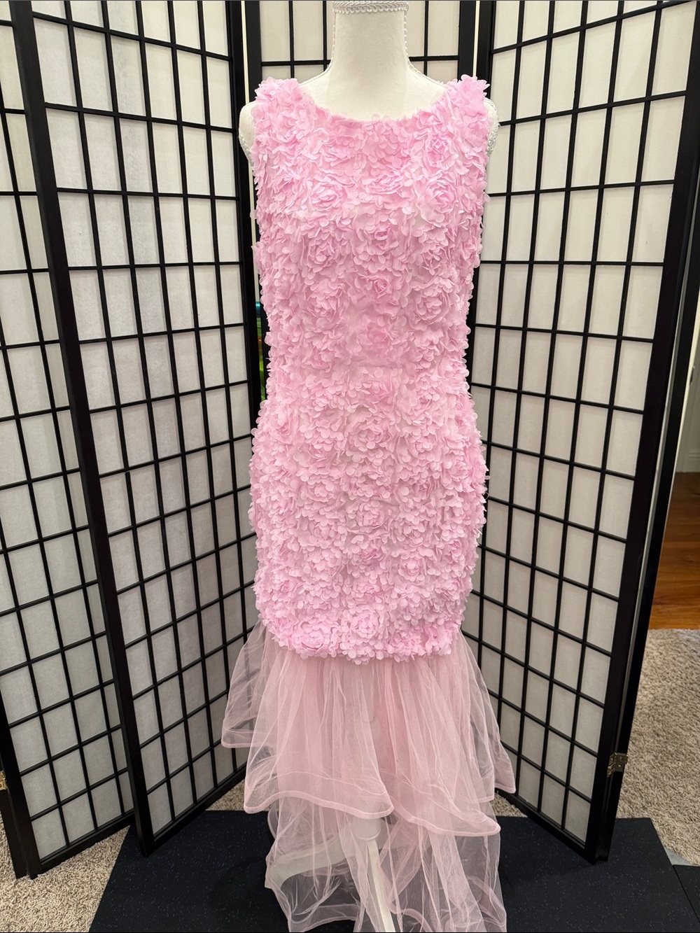 Pink Floral Applique Tulle Mermaid Dress
